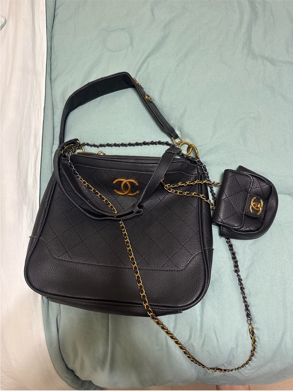 CHANEL Black Quilted Leather Shoulder Bag with Gold Hardware
